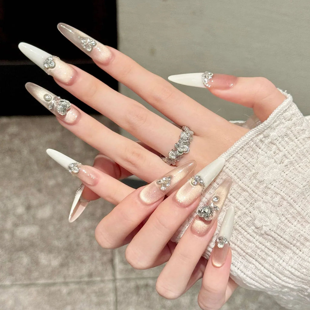Handmade Press On Nails | French Golden Cat's Eye Almond 10pc