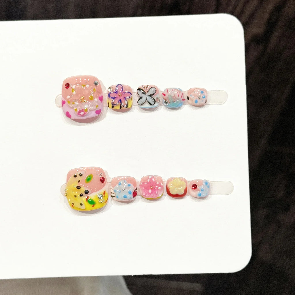 Handmade Graffiti Press On Toe Nails – 3D Crystal Flowers 12pcs
