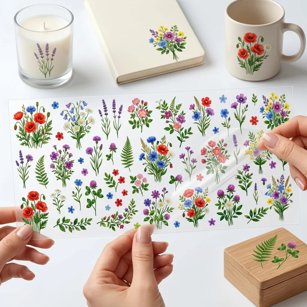 Watercolor Wildflower UV Transfer Stickers | Floral Rub-On Decals