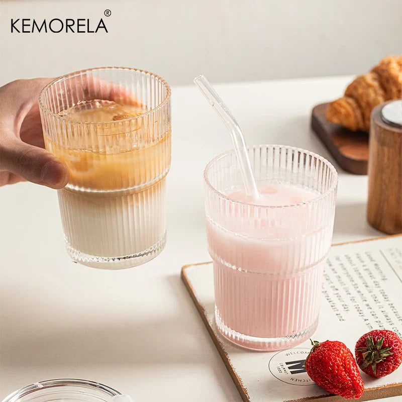 450ml Striped Glass Cups with Lid & Straw | Set of 1 or 2