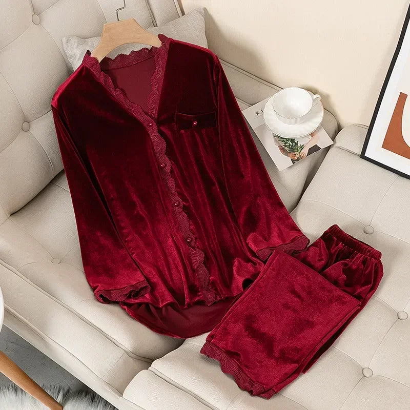 Women's Velvet Pajama Set – Long Sleeve Lace Trim Sleepwear