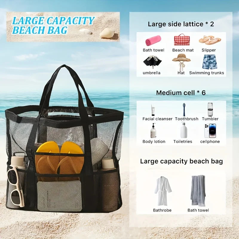 Large Capacity Folding Mesh Beach Bag Breathable Lining Reinforced