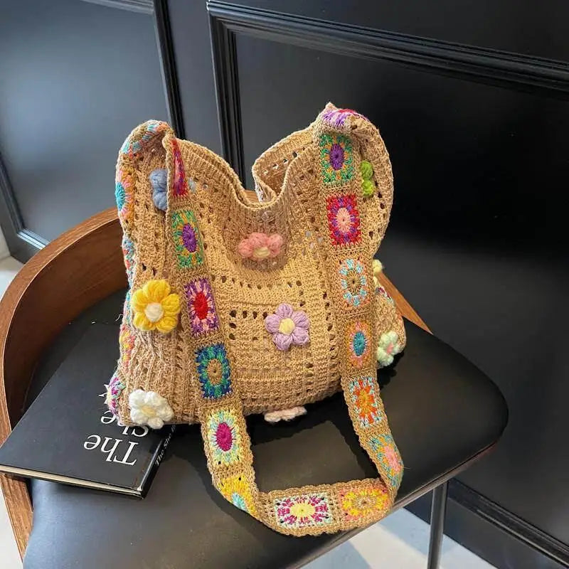 Women's Crochet Flower Knitted Tote Bag | Large Beach Shoulder Bag