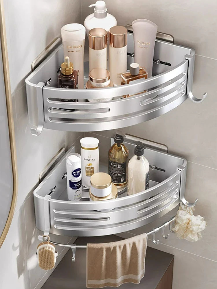 YUNJIEYA Adhesive Corner Shower Shelf | No-Drill Aluminum Rack