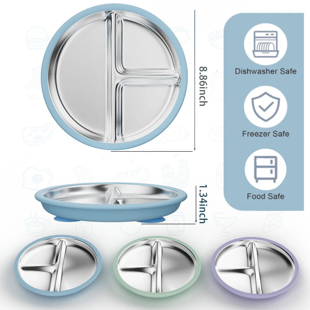 Stainless Steel Baby Suction Plate BPA-Free Silicone Base 9"