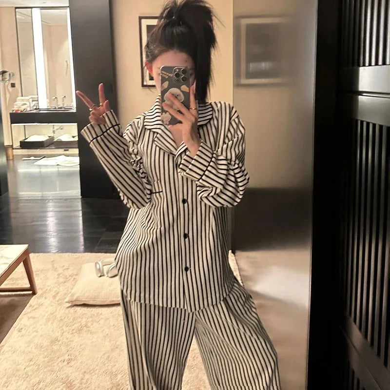 Women's Striped Pajama Set – 2-Piece Korean Sleepwear