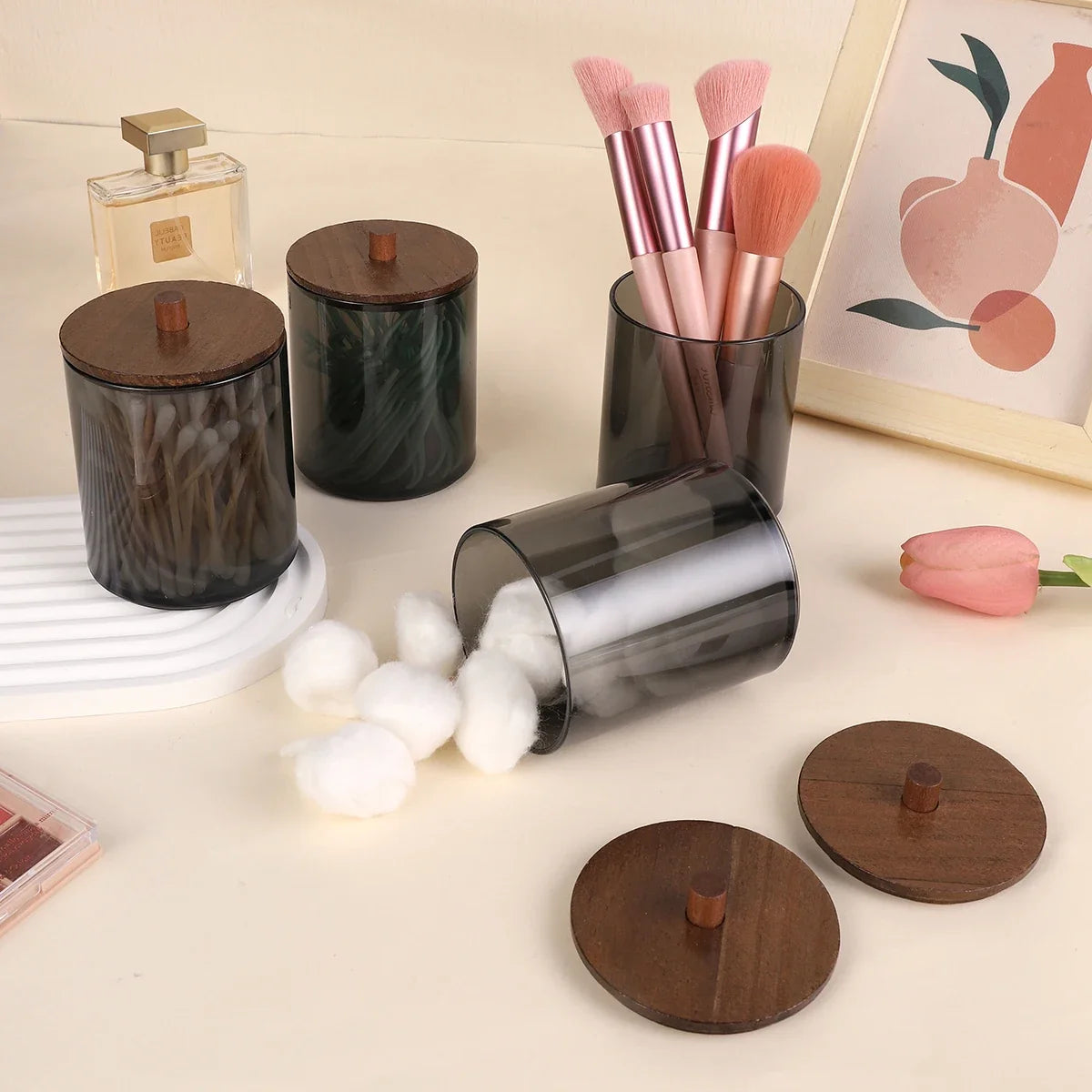 Cotton Swab Holder Black Cups Walnut Stained Wood Lids Pill Jar