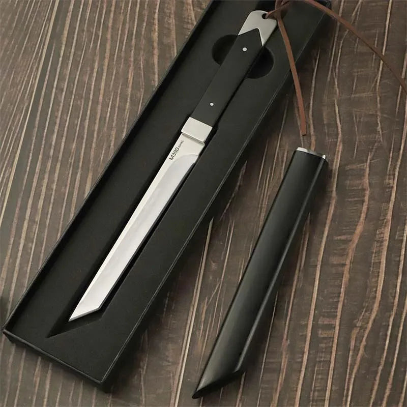 M390 Steel Fixed Blade Knife – Ebony Handle & Leather Scabbard
