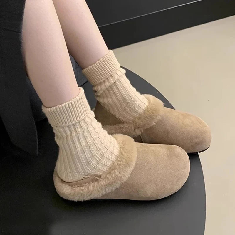 Women's Retro Faux Suede Fur-Lined Slip-On Flats | Winter Shoes