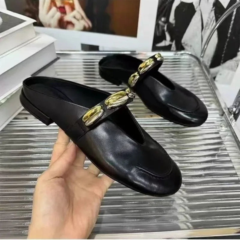 Women's Elegant Metal Buckle Flat Slippers | Summer Slides