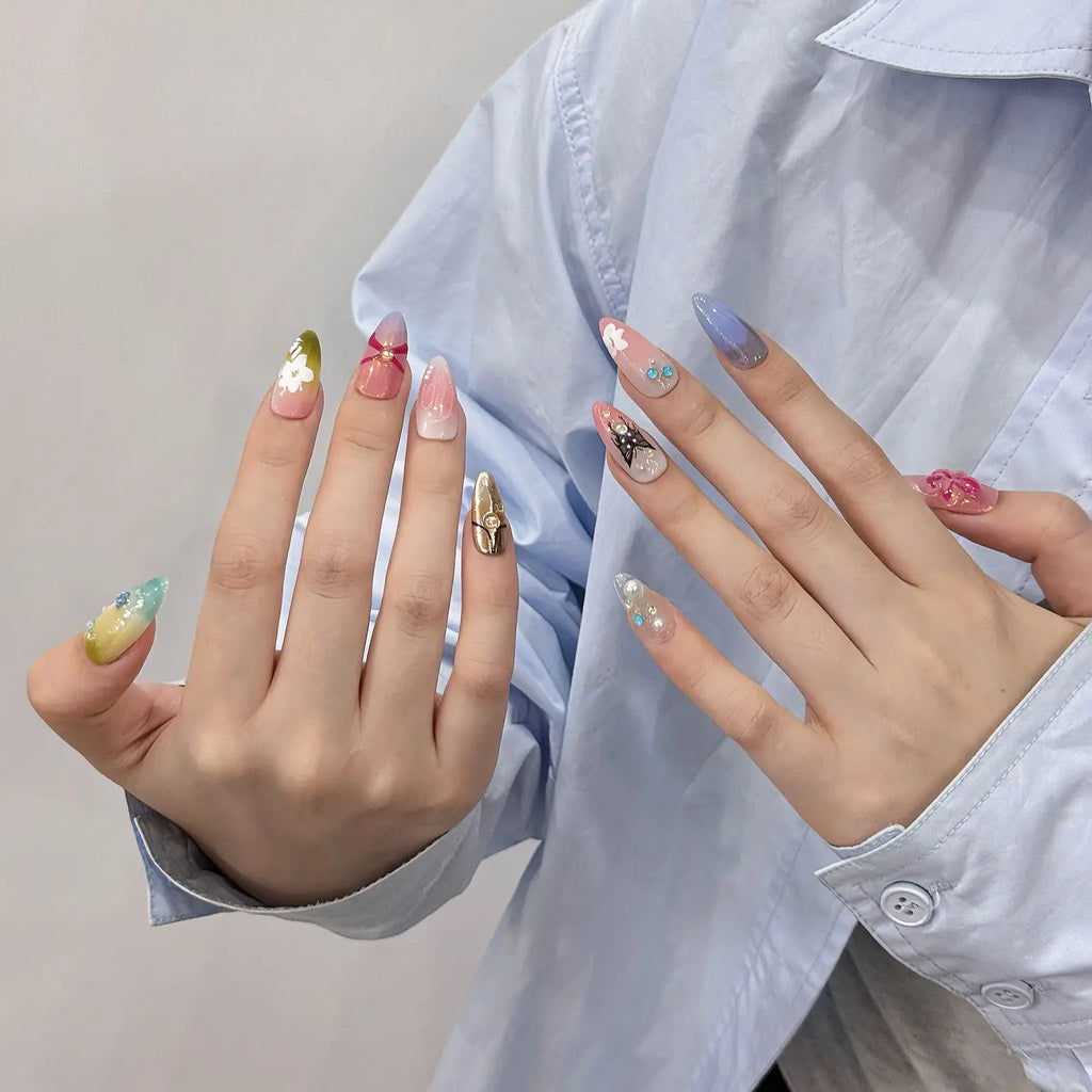 3D Flower Press-On Nails | Nude Pink Almond French False Nails