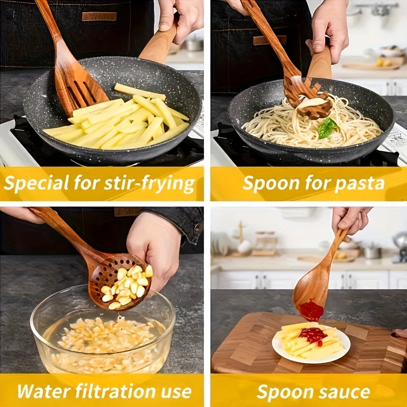 KEMORELA 10-Pc Natural Wooden Spoon & Ladle Cooking Set