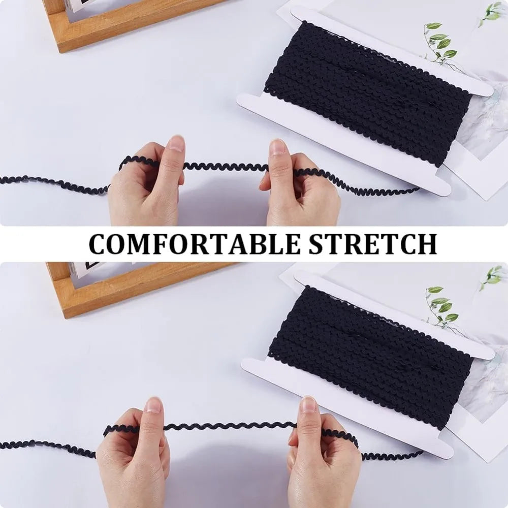 25 Yards Elastic Wavy Ric Rac Fringe Trim Ribbon – Black 7mm