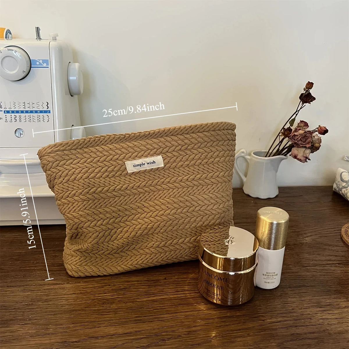 Rice Grain Pattern Woven Fabric Handbag Women's Travel Cosmetic