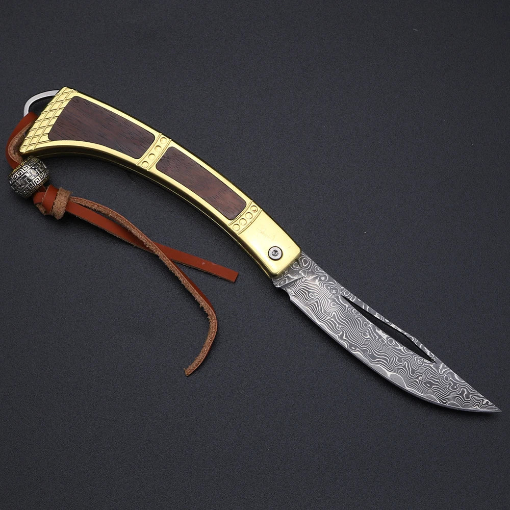 Damascus Steel Folding Pocket Knife – XUAN FENG Wood Handle