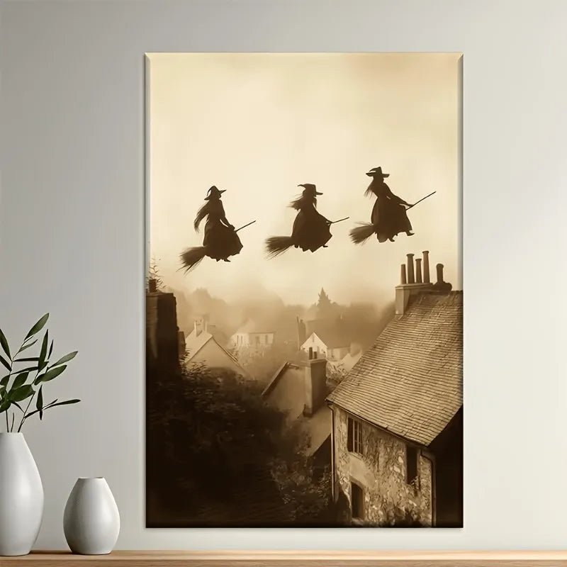 Retro Witch Flying Over Village Canvas Art Print | Unframed Wall Art