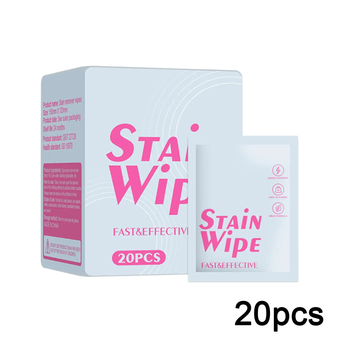 Stain Remover Wipes 20-Pack – No-Rinse Individually Wrapped