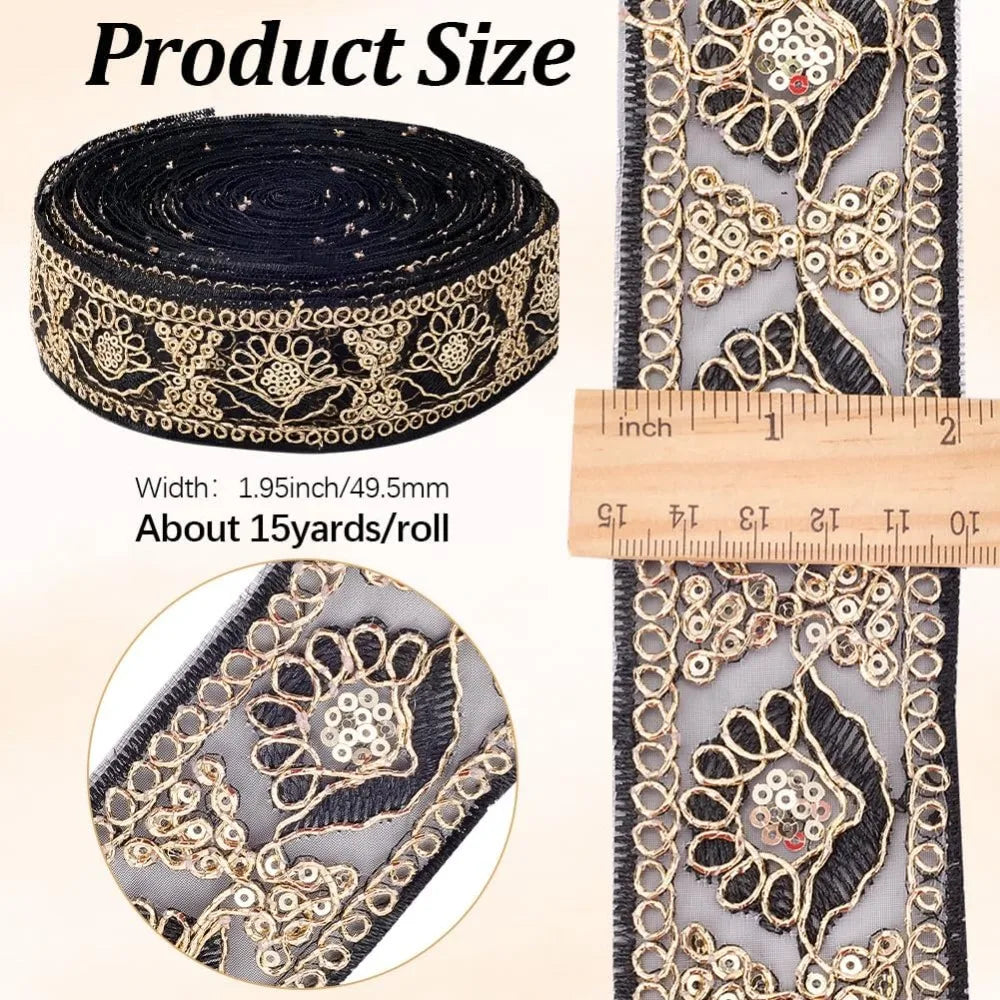 Black Glitter Sequin Lace Ribbon 2" – 15 Yards Mesh Trim