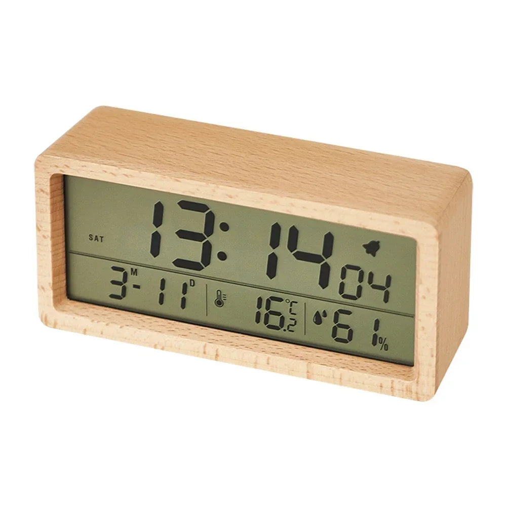 Wooden Digital Alarm Clock – Temp, Humidity & Date Display