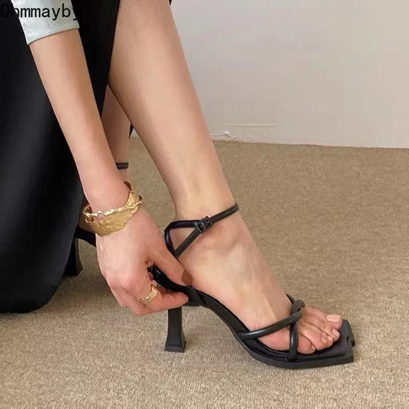 Women's Square Toe Block Heel Sandals – 7cm Ankle Strap