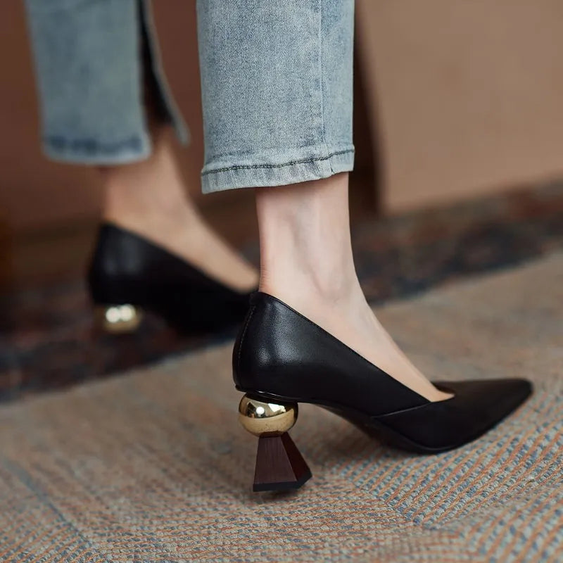Women's Gold Ball High Heel Pumps | Pointed Toe Slip-On Shoes