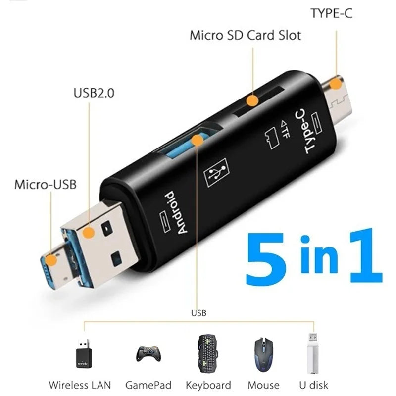 5-in-1 USB OTG Card Reader – Type-C, Micro USB, SD & TF