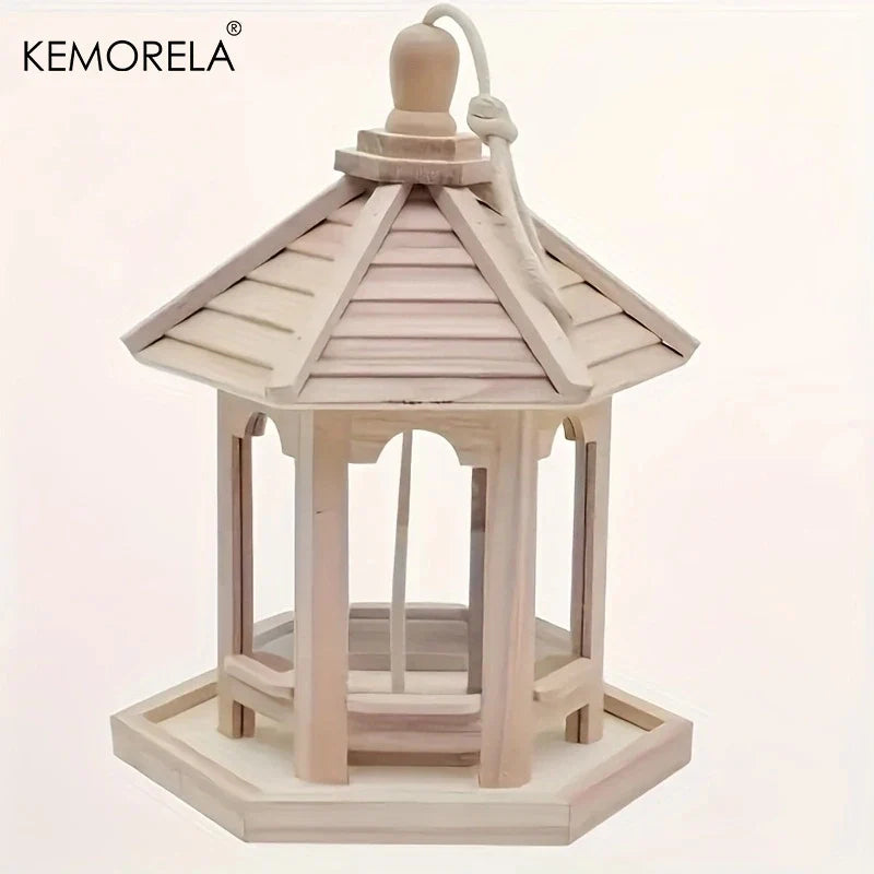 KEMORELA Wooden Hanging Bird Feeder House – Woven Outdoor Decor