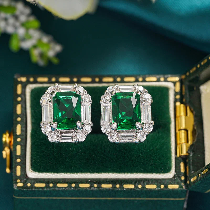 Huitan Green Cubic Zirconia Stud Earrings | Geometric Fashion