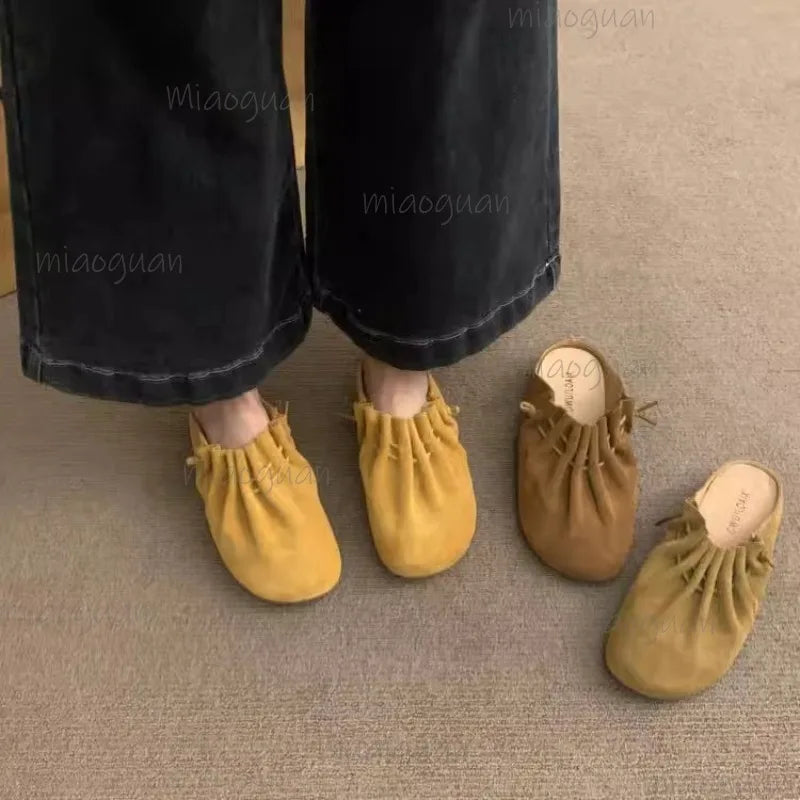 Women's Suede Flat Mule Slides – Slip-On Casual Sandals