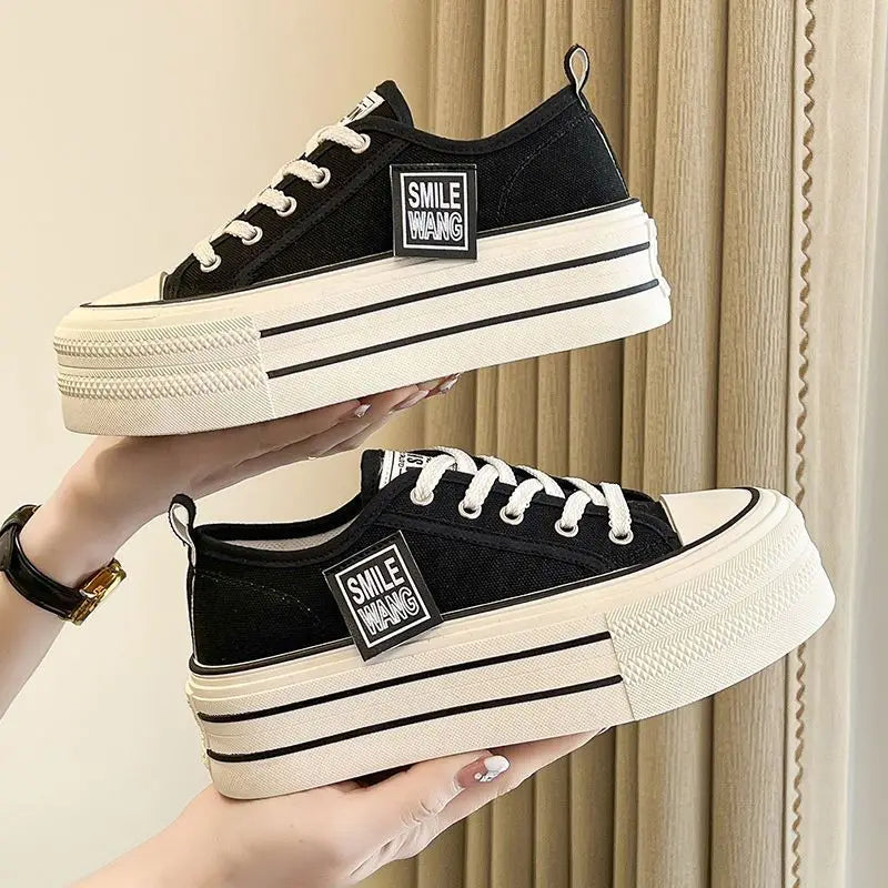 Women's Black Platform Canvas Sneakers – Lace-Up Fashion