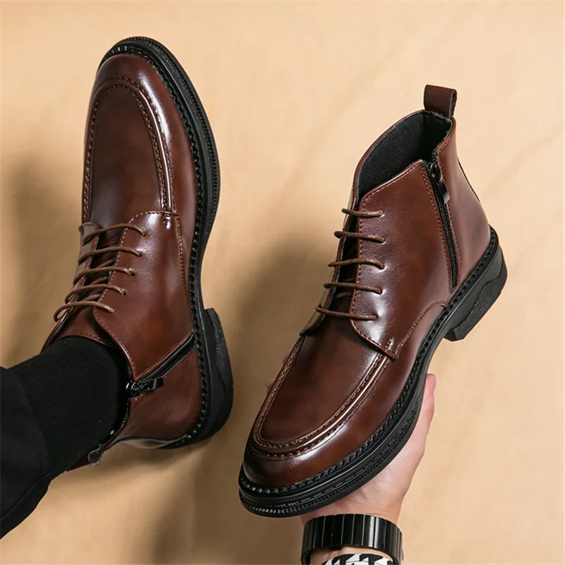 Men's British High-Top Pointed Toe Patent Leather Ankle Boots