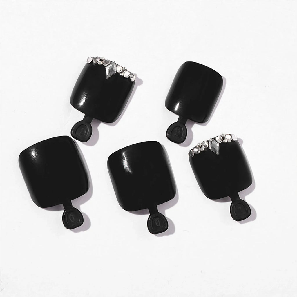 24pc Rhinestone Press-On Toe Nails – Black Silver Glitter Tips