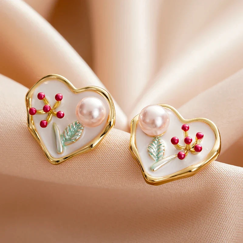 Huitan Enamel Floral Heart Stud Earrings – Pink Pearl Gold