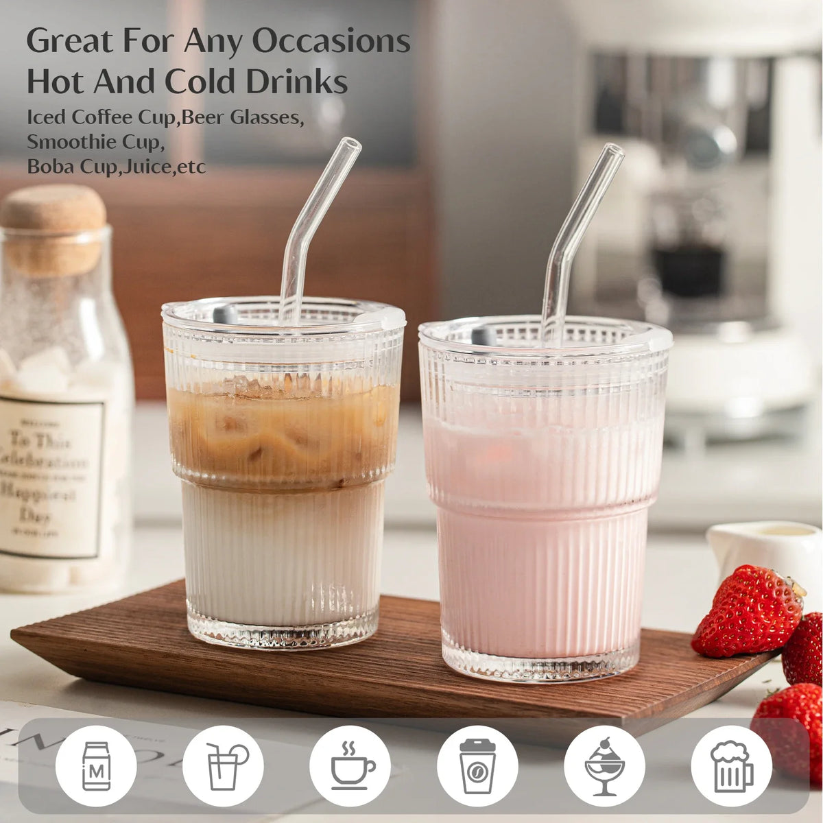450ml Striped Glass Cups with Lid & Straw | Set of 1 or 2