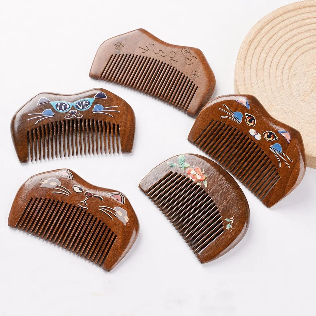 Handcrafted Sandalwood Hair Comb – Carved Cat Design | Portable