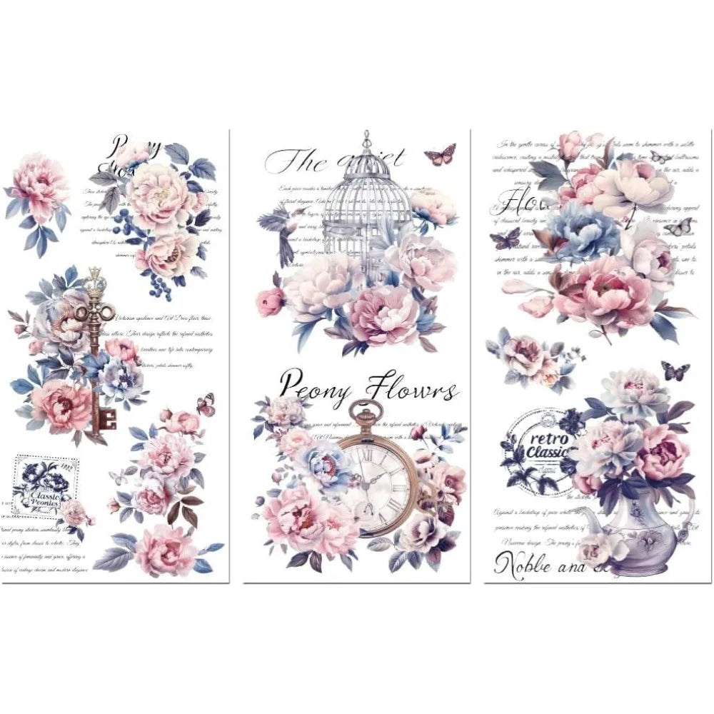 Vintage Peonies Rub-On Transfer Decals 6×12" – 3 Pack