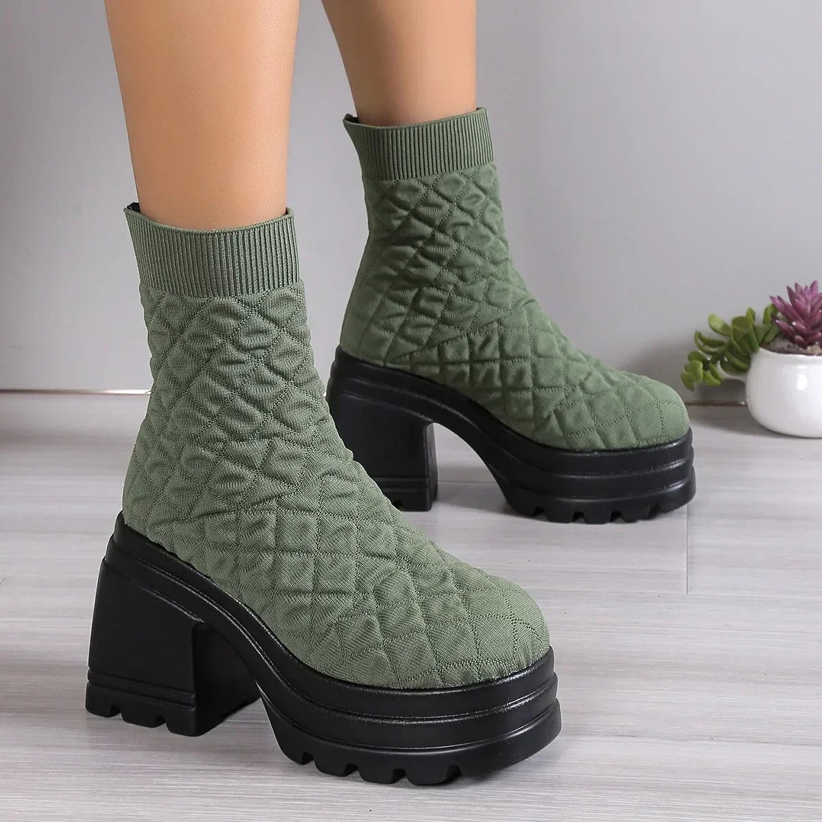 Women's Chunky Knit Platform Ankle Boots – Square Heel Slip-On