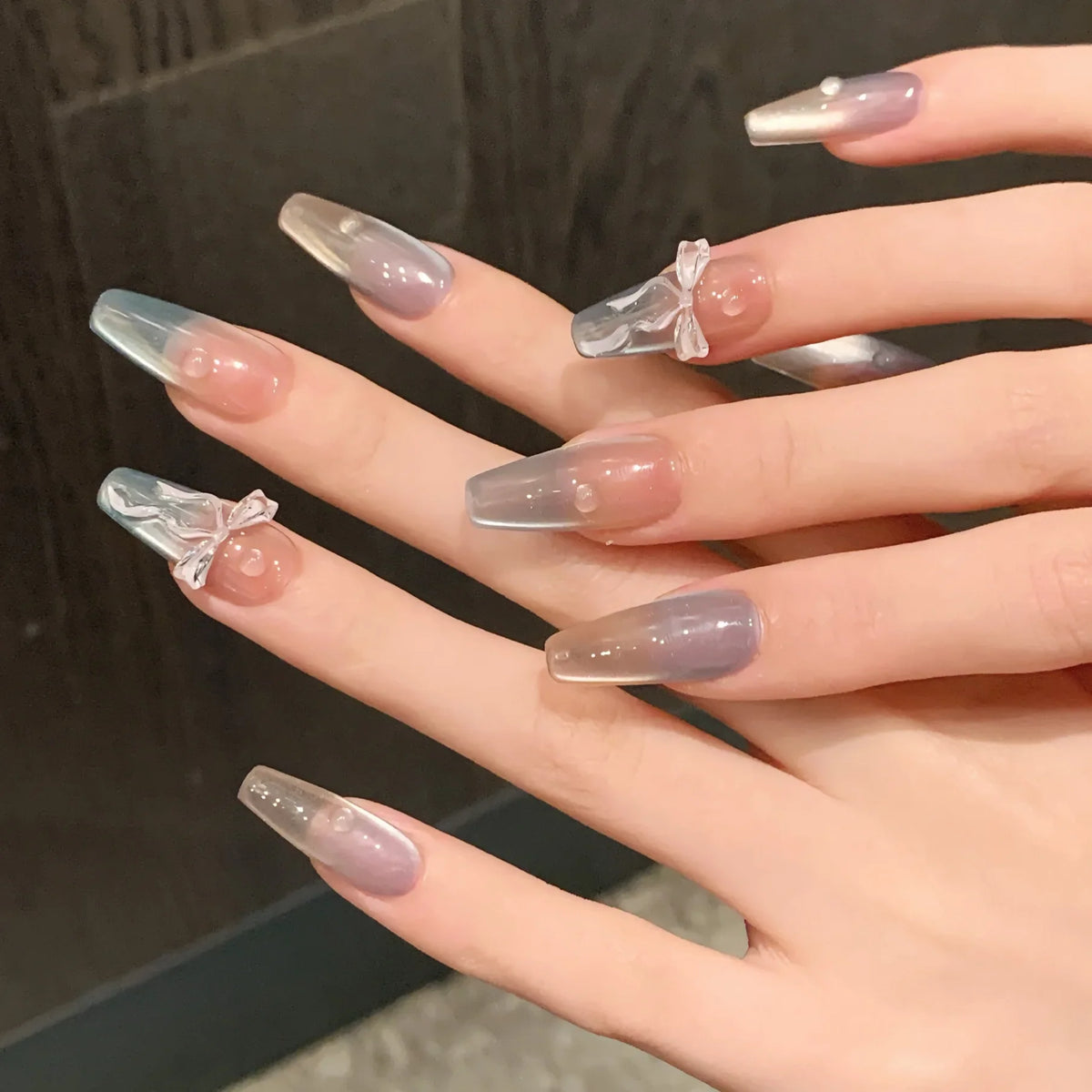 Gradient Blue Press On Nails Pink Bow | Korean Nail Art 10pcs