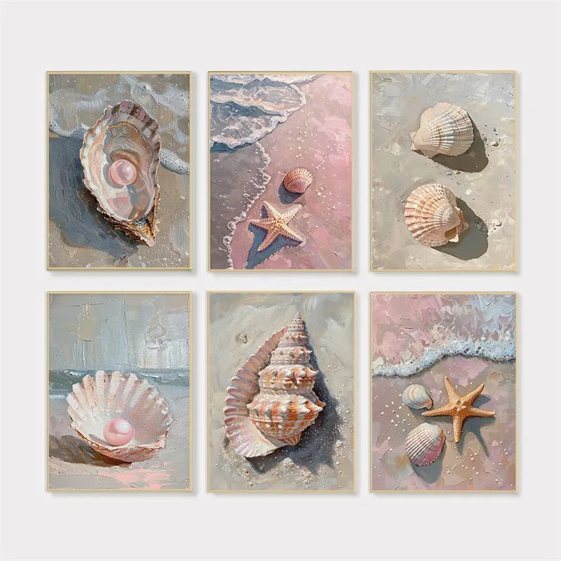 Pink Seashell Starfish Beach Canvas Wall Art | Coastal Decor