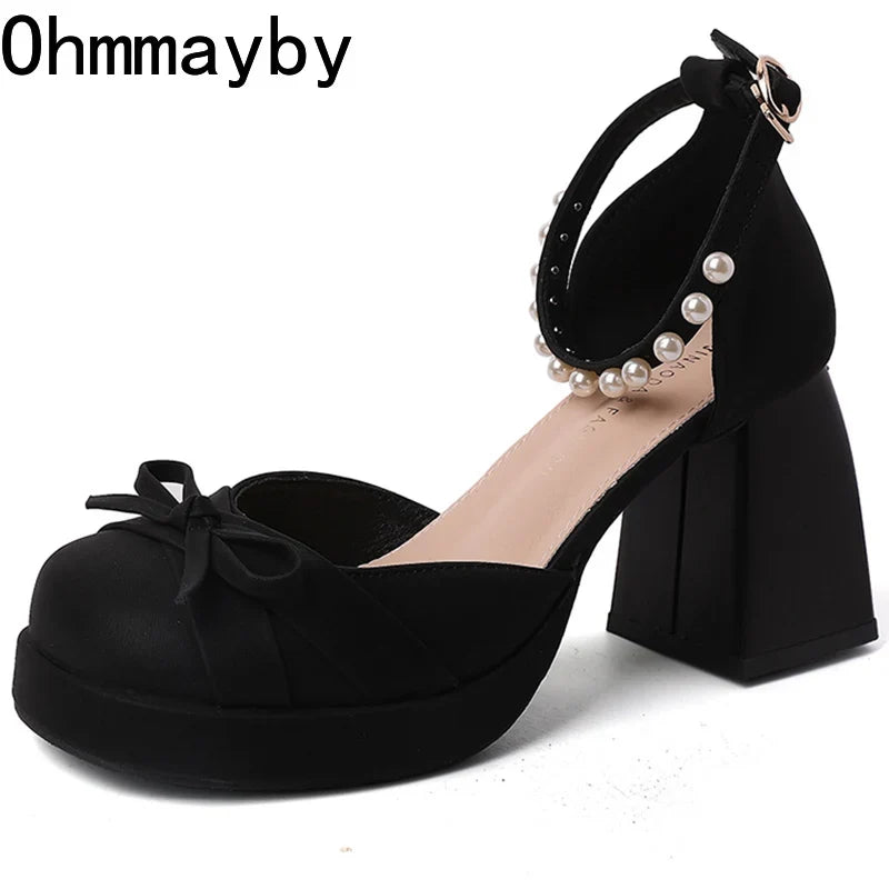Women's Platform Mary Jane Pumps | Pearl Buckle Bow Heels