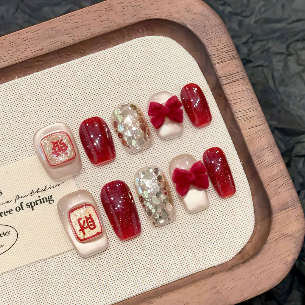 Red Glitter Press On Nails | Bow Decor Short False Nail Tips