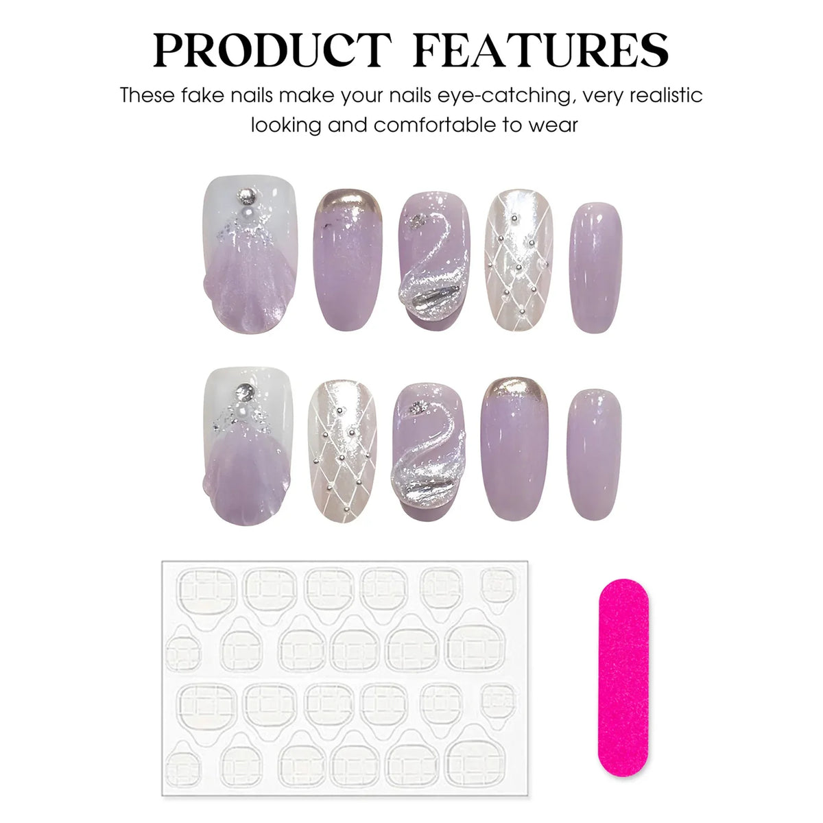 3D Swan Press On Nails – Purple Cat Eye Short Round | YADORNOS