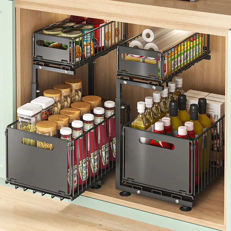 2-Tier Pull-Out Under Sink Organizer | Adjustable Sliding Shelf