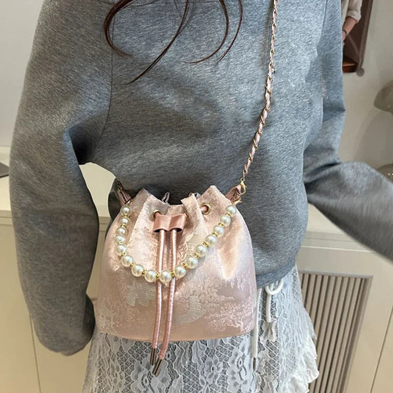 Pearl Chain Bucket Bag – Retro Chinese Style Crossbody