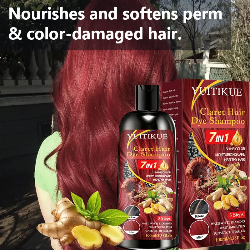 YUITIKUE Claret Color Shampoo – 7-in-1 Hair Dye & Shine