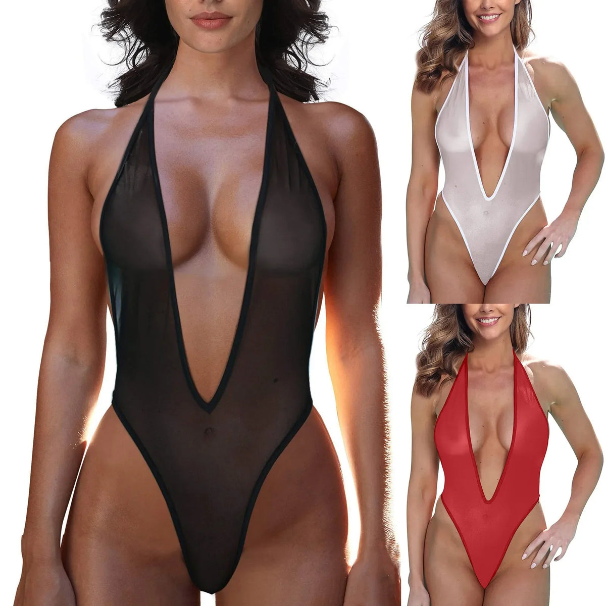 Women's Deep V Lace Bodysuit | Backless Halter One-Piece