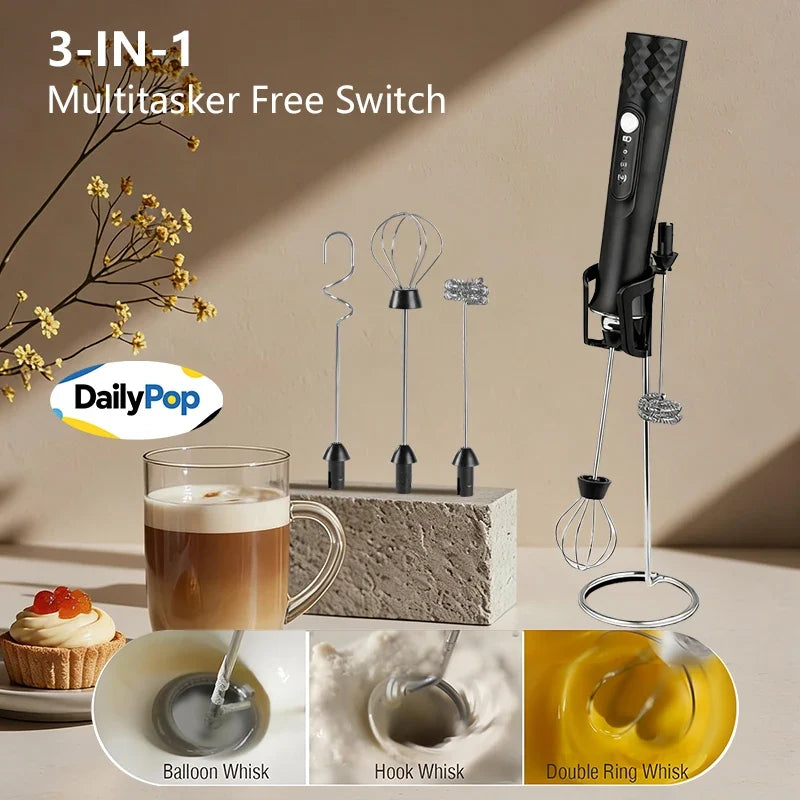 3-Whisk Electric Milk Frother with Stand | 3-Speed Rechargeable