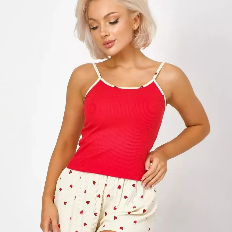 Women's Heart Print Pajama Set – Camisole & Shorts Sleepwear