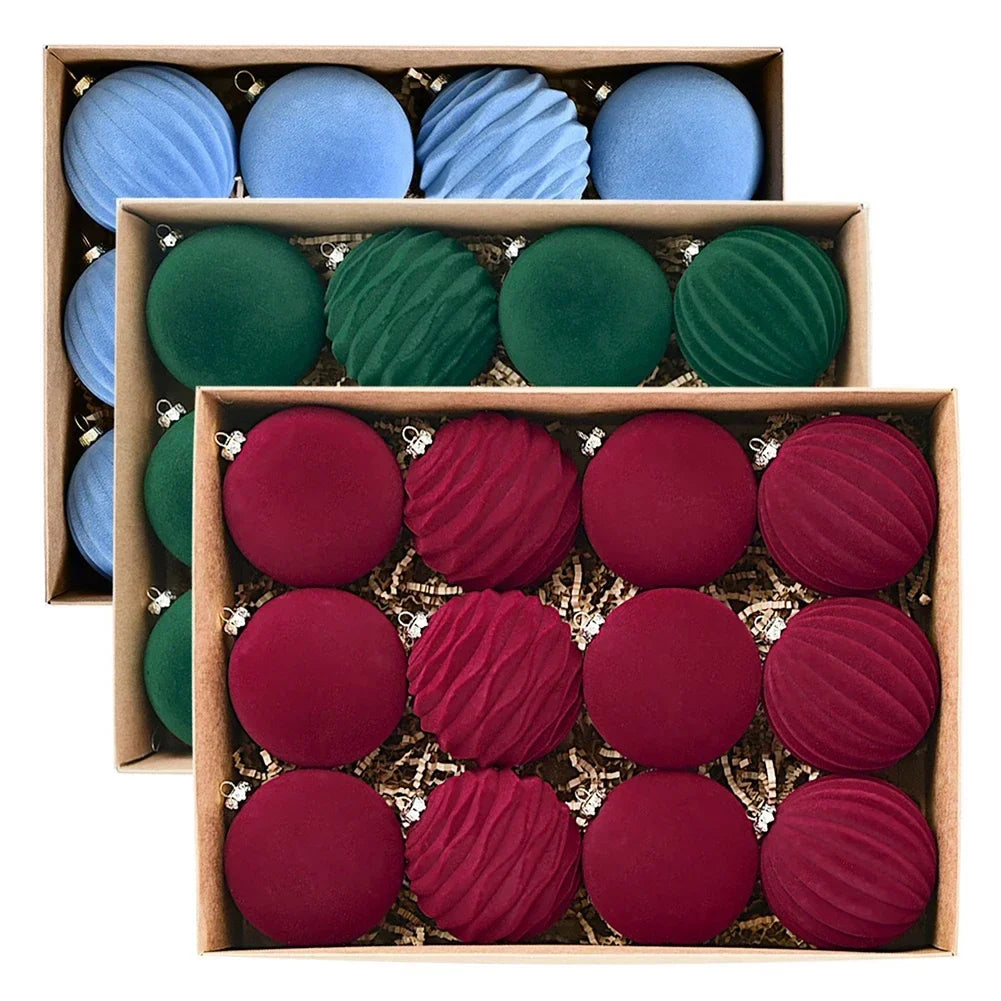 Flocked Velvet Christmas Ball Ornaments | Set of 12 | 3.15"
