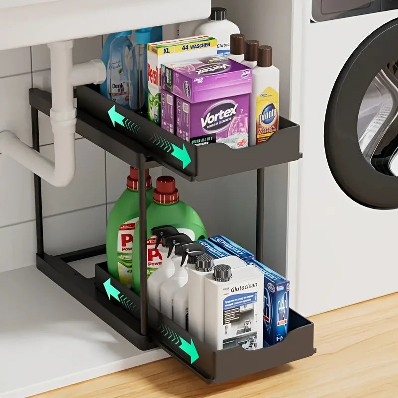 Pull Out Storage Rack 2 Tier Black White Under Sink Organizer
